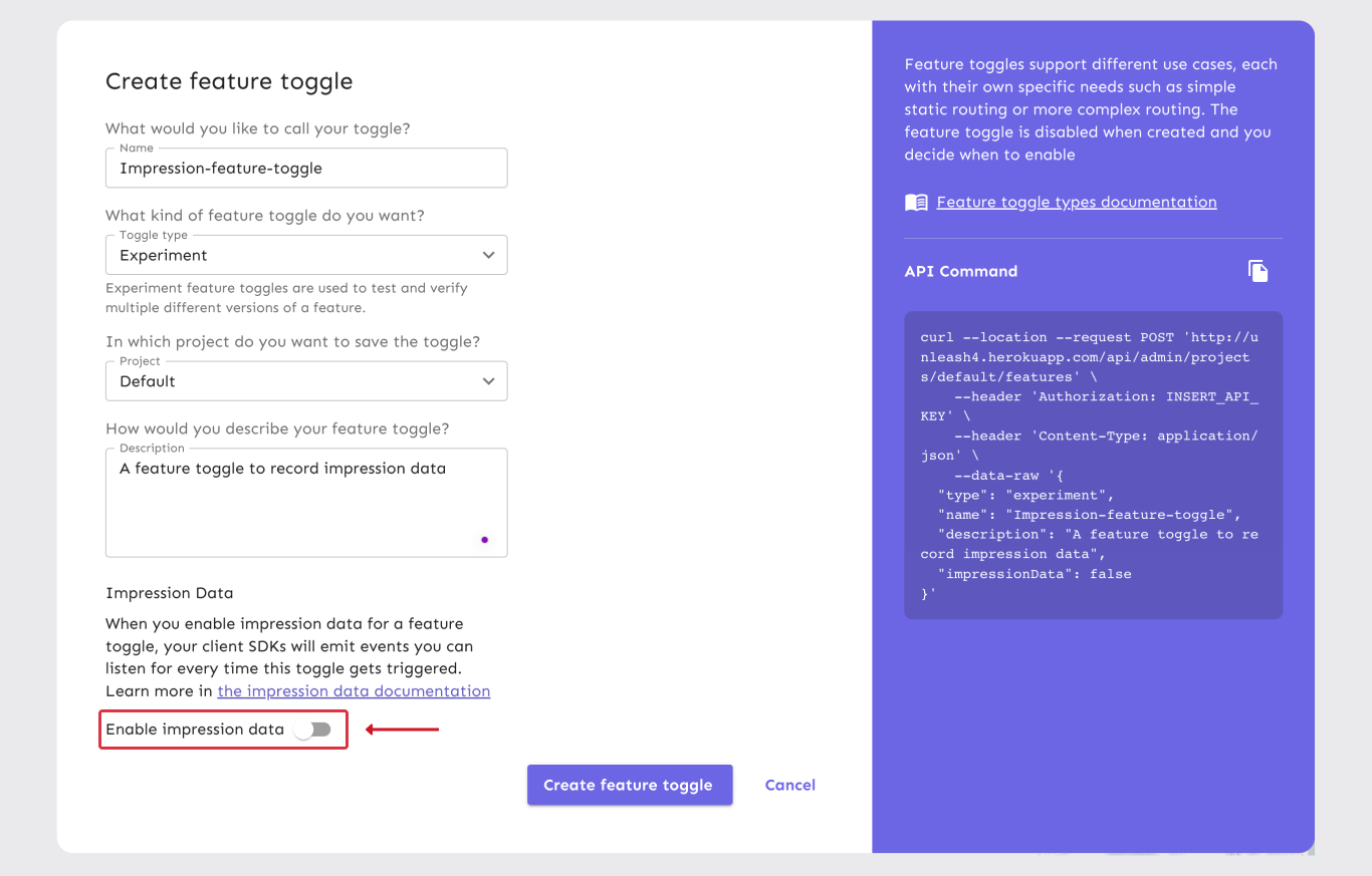 A feature flag creation form. At the end of the form is a heading that says &quot;Impression data&quot;, a short paragraph that describes the feature, and a flag to opt in or out of it.